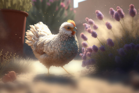A contented chicken enjoying the fragrance of lavender blossoms on a beautiful spring meadowの素材