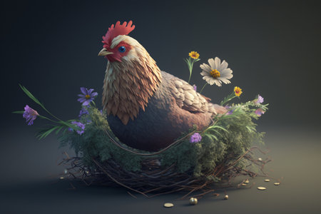 A chicken takes a cozy break in a nest made of colorful flowers.の素材