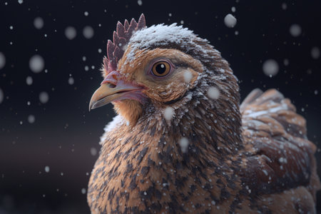 A curious chicken exploring the snow with a fluffy coat on its feathersの素材