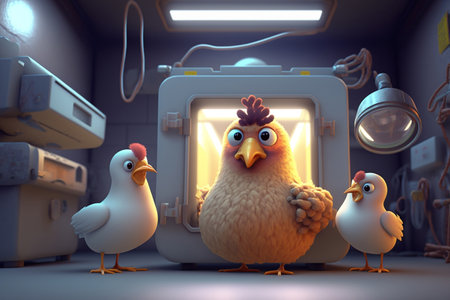 Amusing scene of chickens looking lost in a science labの素材