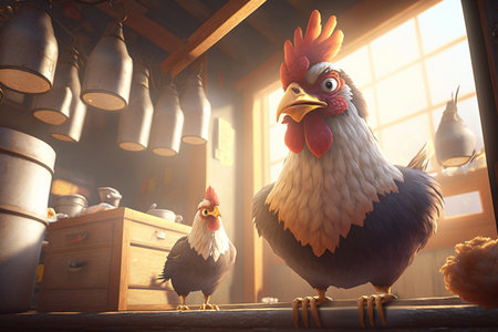 Two roosters sitting in a barn on a farmの素材