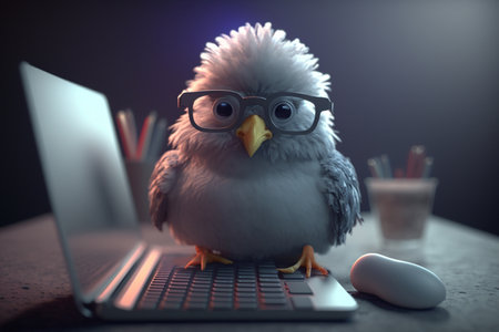 A funny chicken wearing glasses is seated in front of a laptop, enlarged in work.の素材