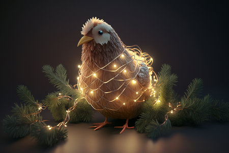 A cute and curious chicken perches in a Christmas tree, ready to celebrate the holidaysの素材