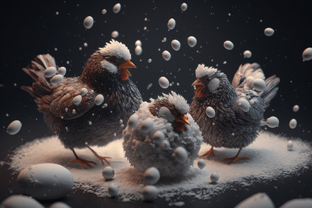 Humorous group of chickens enjoying the winter wonderlandの素材