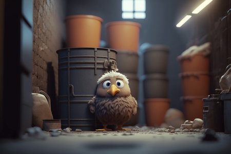 A small, scared chicken is hiding in a basement among buckets and a trash can.の素材