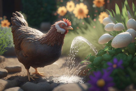 Henny the Hen enjoying a refreshing drink at a sparkling spring in a beautiful meadow of flowersの素材