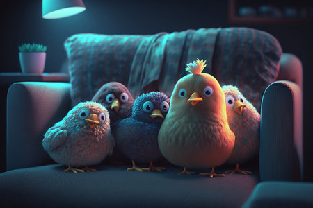 A group of funny chickens sit in parallel on a couch and watch a horror movie at night.の素材