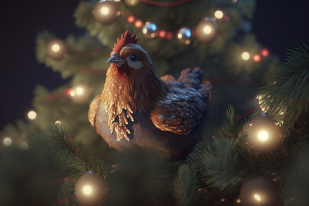 A cute and curious chicken perches in a Christmas tree, ready to celebrate the holidaysの素材