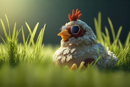 A chicken with sunglasses takes a break on a meadow and enjoys the sunの素材