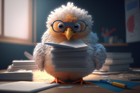 This funny chicken with glasses seems to have a lot of work to do in the office, holding a stack of papers.の素材