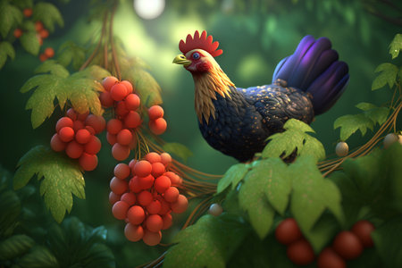 A humorous chicken hiding in a bush full of juicy berriesの素材