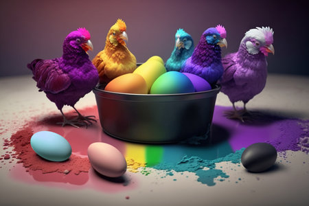 Cute little chicks are having fun painting Easter eggs and they are all colorful themselvesの素材