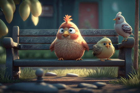 Two chickens and a dove take a break and sit together on a garden bench, enjoying each other's company and the peaceful surroundingsの素材