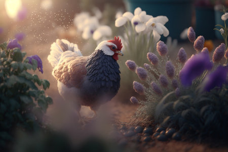 A contented chicken enjoying the fragrance of lavender blossoms on a beautiful spring meadowの素材