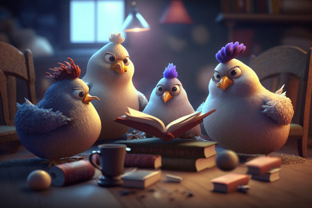Chickens reading a book with a sense of wonder and amazement on their facesの素材