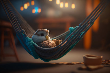 This funny chicken is taking it easy in its very own hammock located in the barnの素材