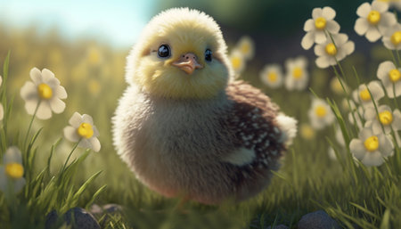 A cute little chick exploring a vibrant spring meadow.の素材