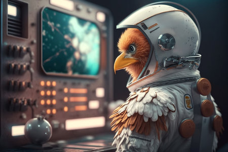 A hilarious chicken is an astronaut in a space station, controlling the panels and buttons for a mission in space.の素材