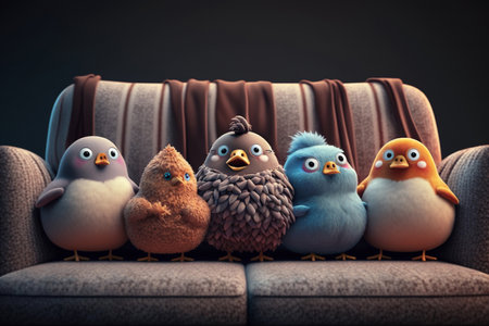 A group of funny chickens sit in parallel on a couch and watch a horror movie at night.の素材