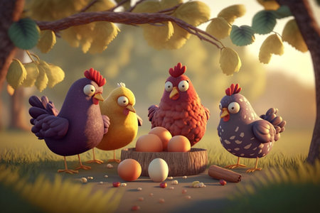 Chickens enjoying a relaxing picnic under the shade of a tree on a lush green lawnの素材
