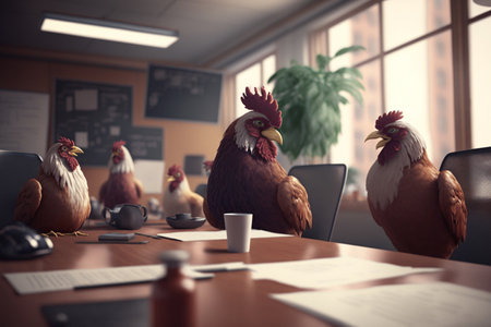 A group of roosters are seen in a boardroom discussing important business matters, possibly deciding the future of their farm or company.の素材