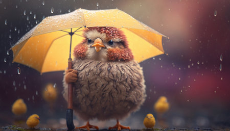 A cute little chick stands with an umbrella in the rainの素材