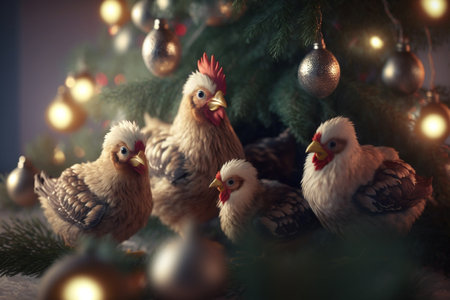 A festive scene with a group of chickens perched on a Christmas tree, bringing joy and cheer to the holiday season.の素材