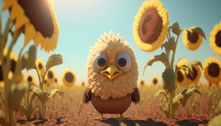 A funny chicken resembling a sunflower stands amidst a sunflower field.の素材