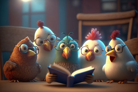 Intelligent and curious chickens wearing glasses reading a book with fascination and focusの素材