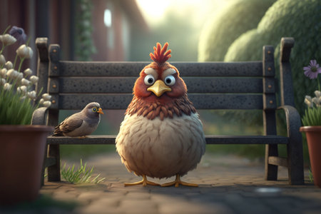 A chicken looks annoyed while a dove sits peacefully on a garden benchの素材