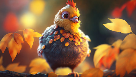 A cute little chicken sits amongst the colorful autumn leaves, enjoying the beautiful season.の素材