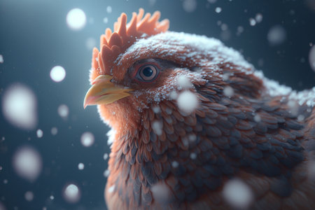 A curious chicken exploring the snow with a fluffy coat on its feathersの素材