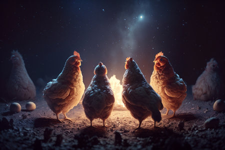 Four chickens sitting in a sandy desert at night, gazing at the starry sky aboveの素材