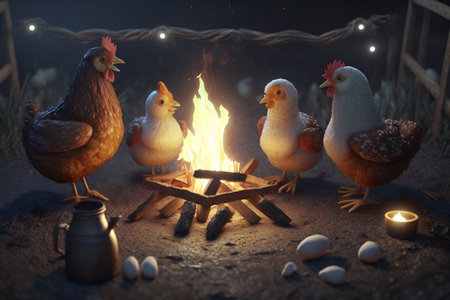 Four chickens cozy up around a campfire under the starry night sky for warmth and companyの素材