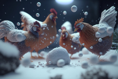 Humorous group of chickens enjoying the winter wonderlandの素材