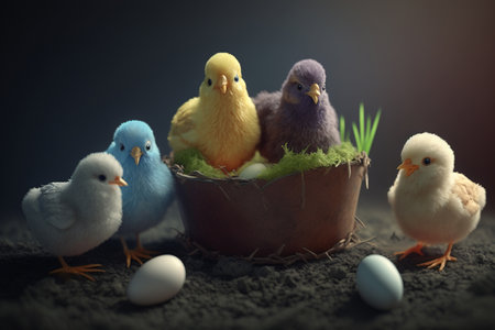 Adorable little chicks enjoying Easter with their brightly colored eggs in a cozy nestの素材