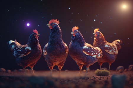 Four chickens sitting in a sandy desert at night, gazing at the starry sky aboveの素材