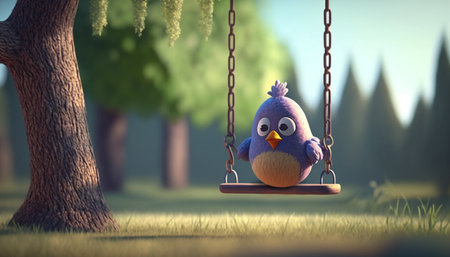 A cute little chicken having fun on a wooden swing under a tree's shadeの素材