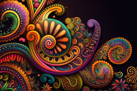 Colorful paisley pattern inspired by the 60s hippie movement, featuring rainbow colorsの素材