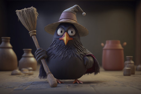 This chicken is ready to brew up some mischief with its witch hat and broomstick!の素材