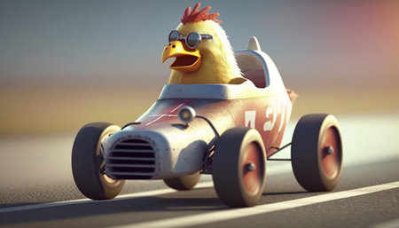 A cool chicken wearing racing goggles drives a race car on a racetrack.の素材