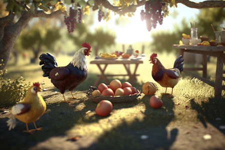 Chickens enjoying a relaxing picnic under the shade of a tree on a lush green lawnの素材