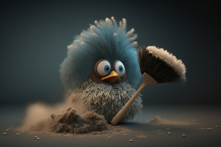 A comical chicken wielding a broom stirs up a dust stormの素材