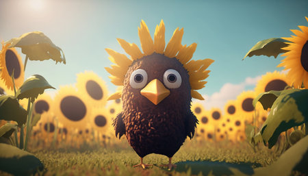 A funny chicken resembling a sunflower stands amidst a sunflower field.の素材