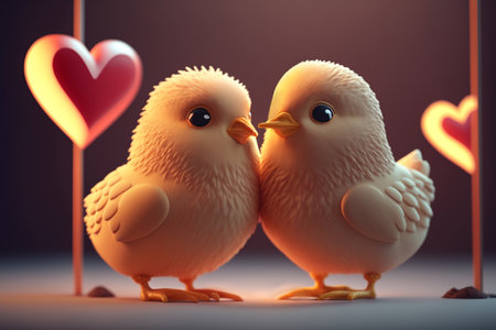 Two adorable baby chickens posing with a heart in the background to celebrate Valentine's Dayの素材