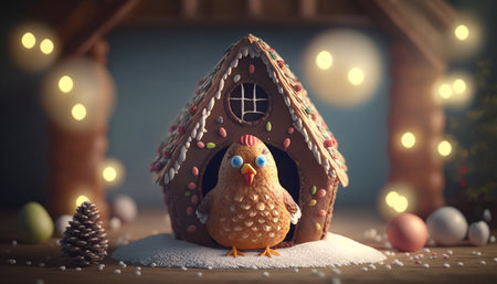 This adorable gingerbread chicken adds a touch of sweetness to the already delicious gingerbread house.の素材