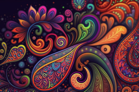 Colorful paisley pattern inspired by the 60s hippie movement, featuring rainbow colorsの素材