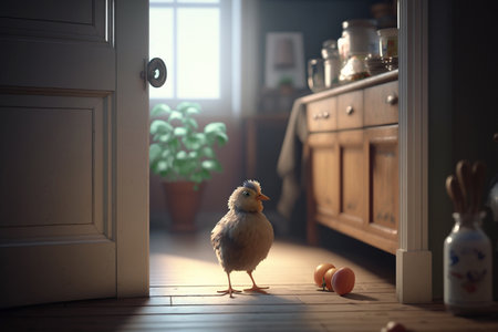 A funny chicken standing alone in a quaint countryside kitchen, maybe contemplating life or waiting for a snackの素材