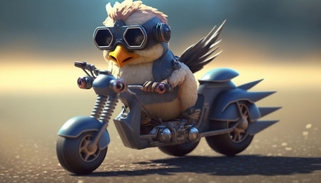 This cool and funny chicken is ready to ride in style on its tuned-up toy motorcycle, complete with racer gogglesの素材