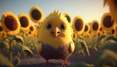 A funny chicken resembling a sunflower stands amidst a sunflower field.の素材